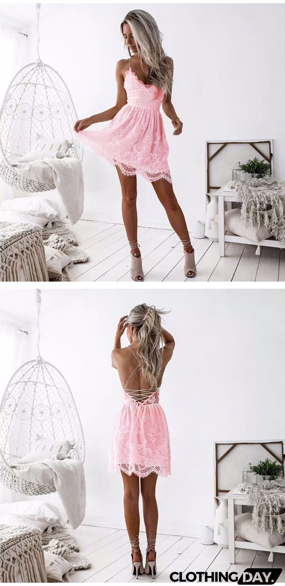 Summer Party Dress Sexy White Pink Deep V Neck Backless Lace Short Dress Women Casual Bandage Spaghetti Strap Sleeveless