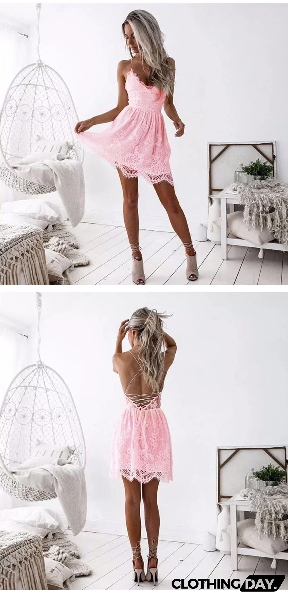 Summer Party Dress Sexy White Pink Deep V Neck Backless Lace Short Dress Women Casual Bandage Spaghetti Strap Sleeveless