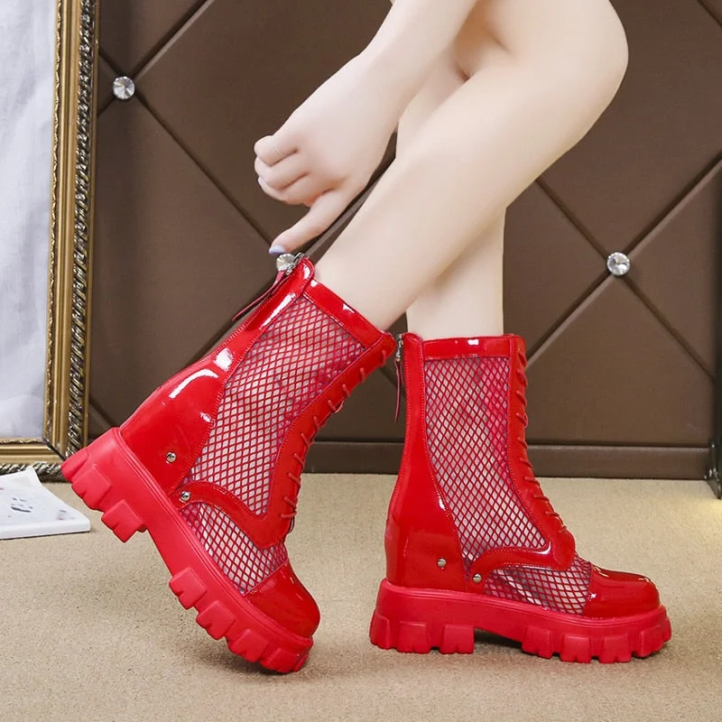 Chunky Platform Ankle Boots For Women Breathable Mesh Summer Shoes Woman Thick Sole Height Increasing Short Botas Mujer