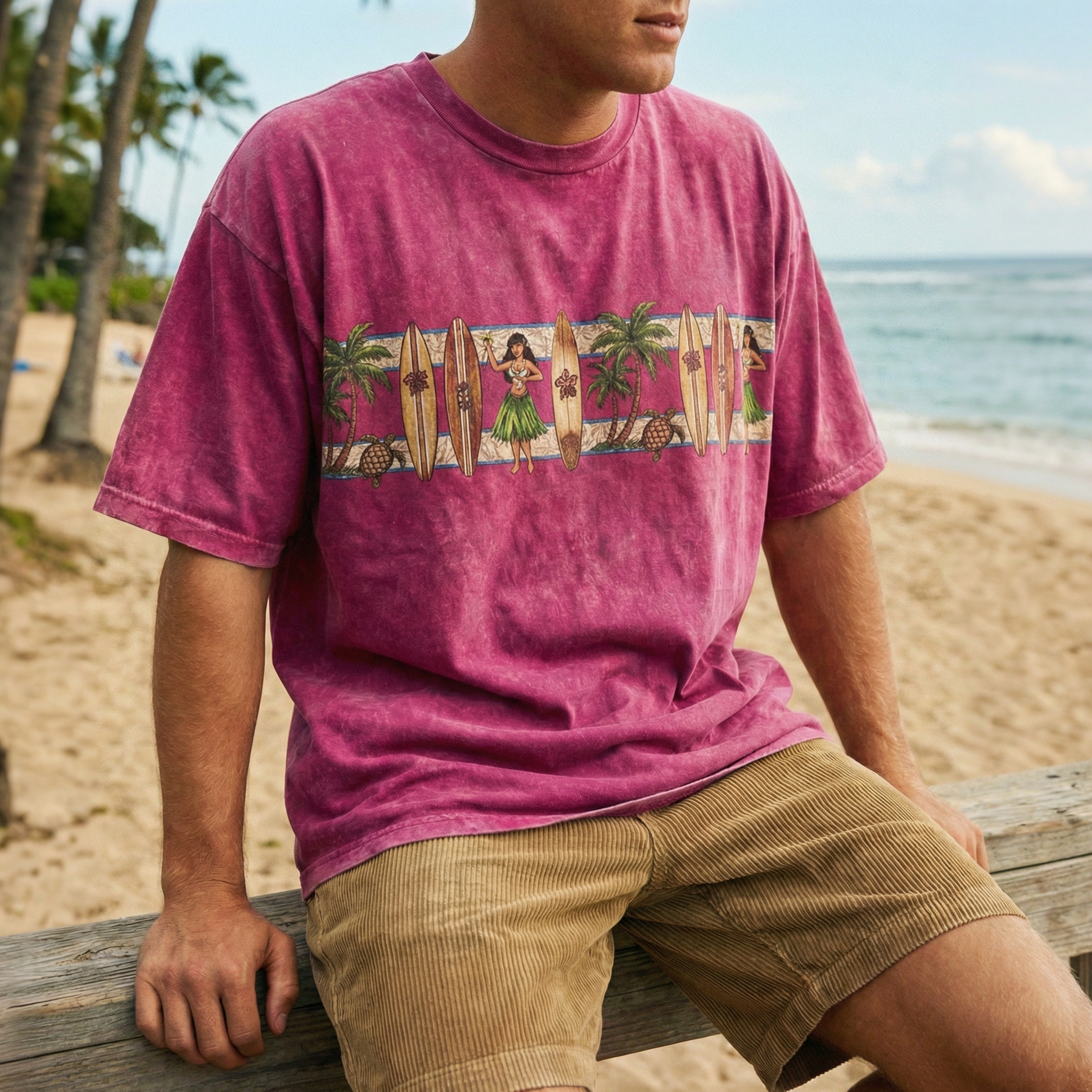 Cotton Men's Graphic T-Shirt with Hawaiian Warrior Print - Casual Summer Top