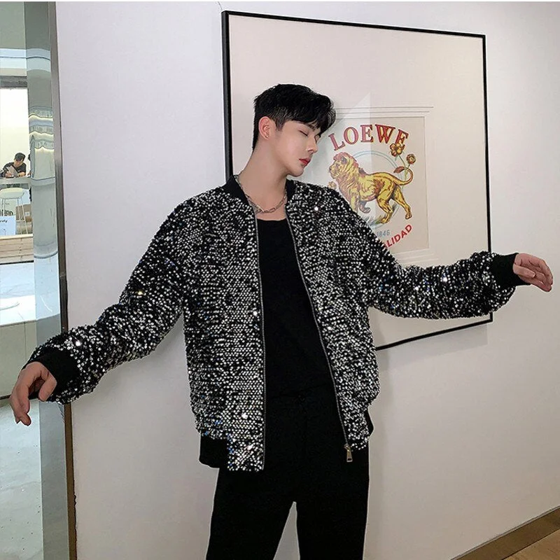 Fashion Men's Sequined Jackets Bling Glitter Bomber Jacket Coat Reflective Hip Hop Tops Streetwear Singer Nightclub Clothing Man