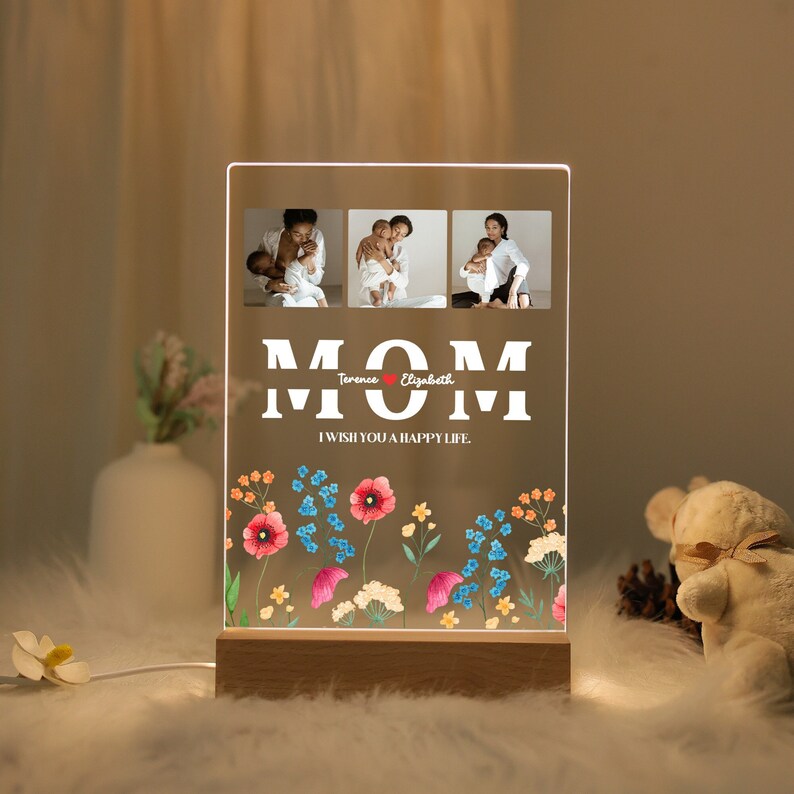 Loveyoufancy Custom Personalized Photo with Birth Flower Night Light for Mother's Day Gift