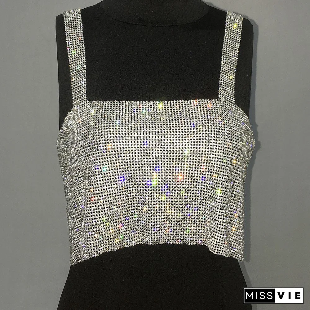 New Rhinestone Glitter Sexy Cami Tops Spaghetti Strap Backless Crop Tops Summer Club Sexy Elegant Draped Tank Top Female