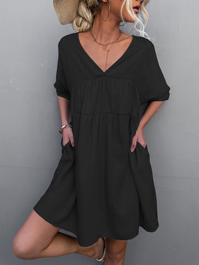 Solid Color V-Neck Loose Casual Dress