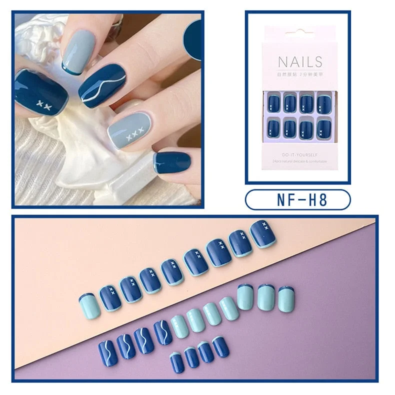 Fashion 24pc/set French Styel Press On False Nail Tips 10 Sizes Fake Nails Full Cover Nail Tips With Nail Adhesive Tab Sticker-Nail Inspo
