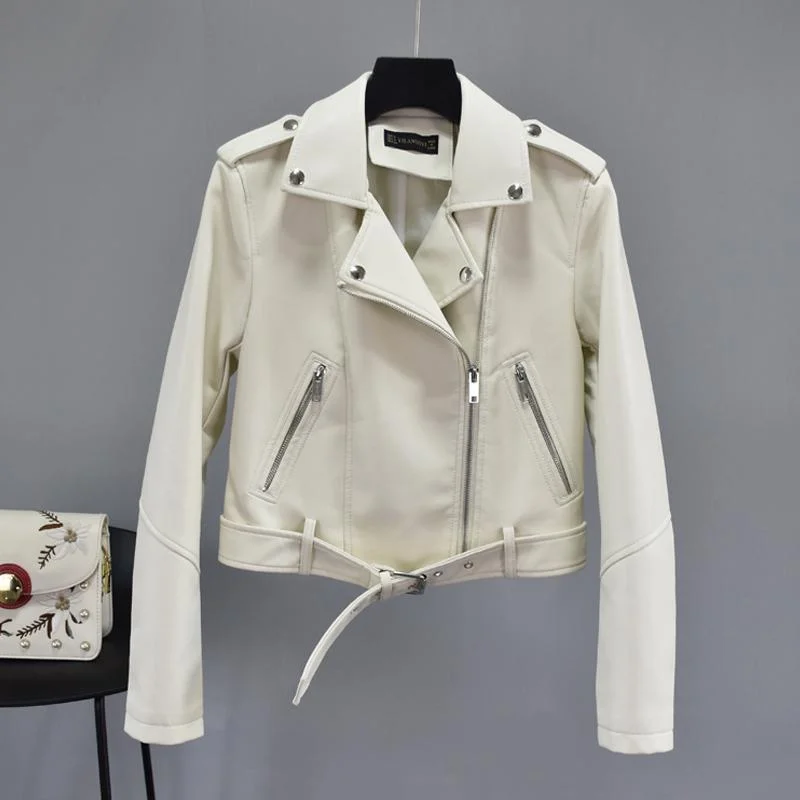 FTLZZ Women Faux Soft Leather Short Jacket Rivet Epaulet Zipper Pu Motorcycle Basic Jackets Female Red Black Outerwear With Belt