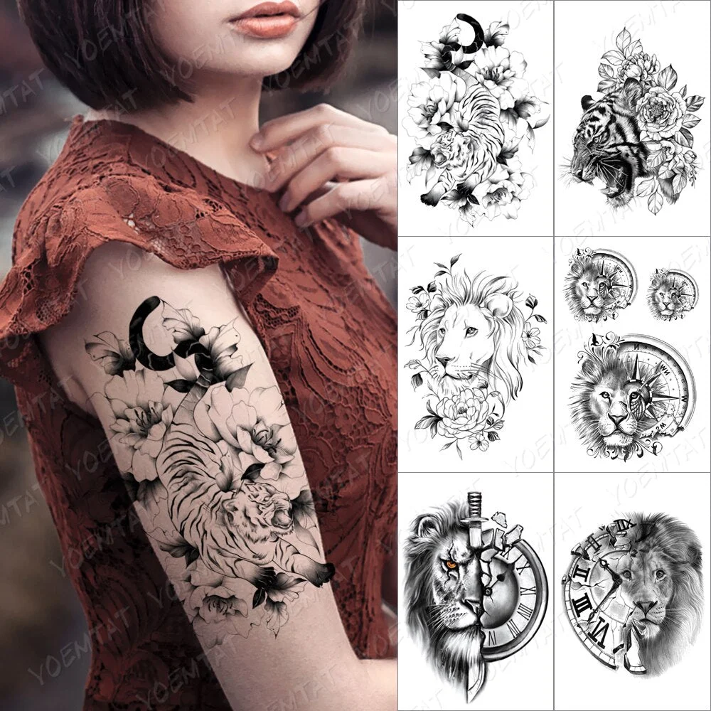 Tiger Mountain Flowers Temporary Tattoo Sticker For Men Women Rose Owl Wolf Fox Waterproof Fake Lion Animal Body Art Tatoo Decal