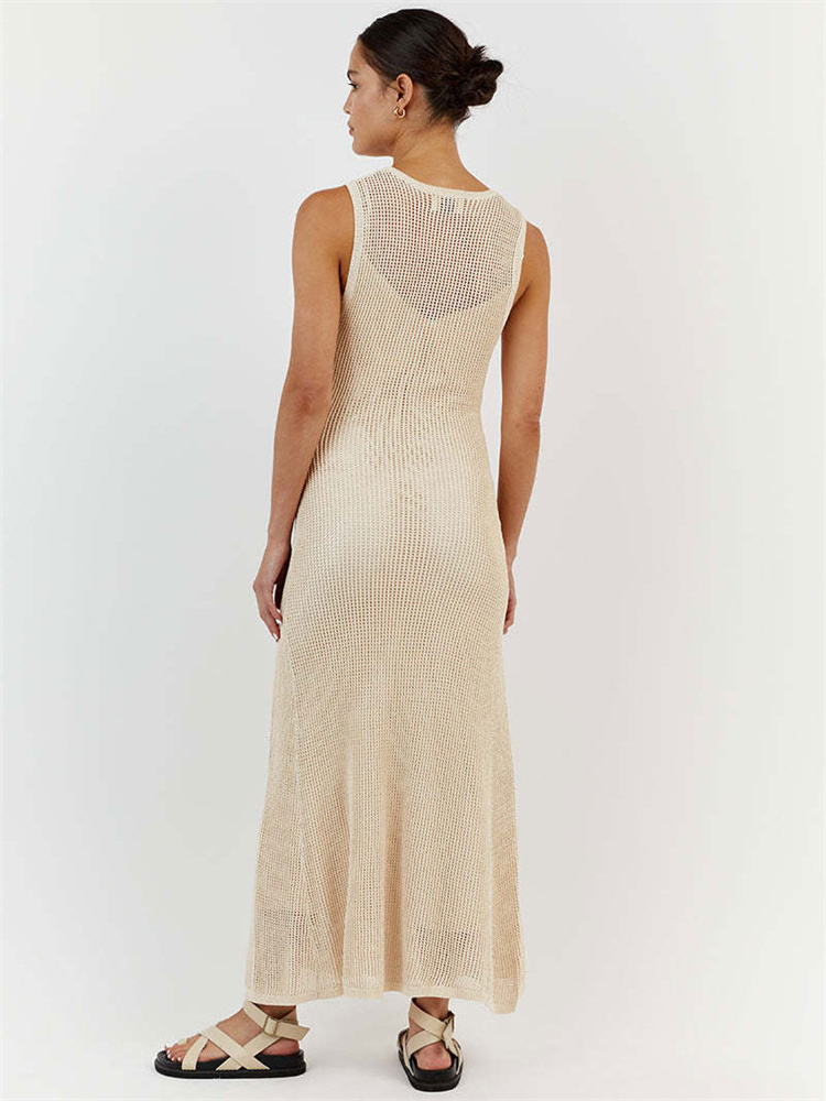 Ootddress White Crochet Hollow Out Midi Dress For Women Long Sleeve Casual Dress Beach Holiday See-Through Summer Dress Cover-Up