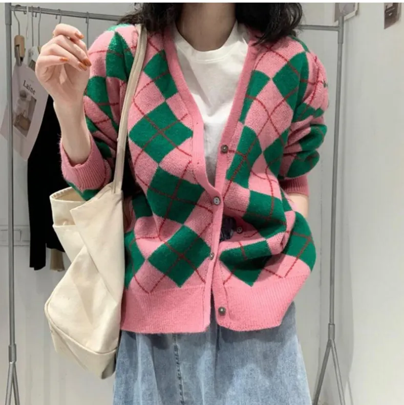 Churchf Version Bump Color Diamond Case Knitting Cardigan Female Autumn Winter New Wear Retro Loose V-Neck Sweater Coat Female