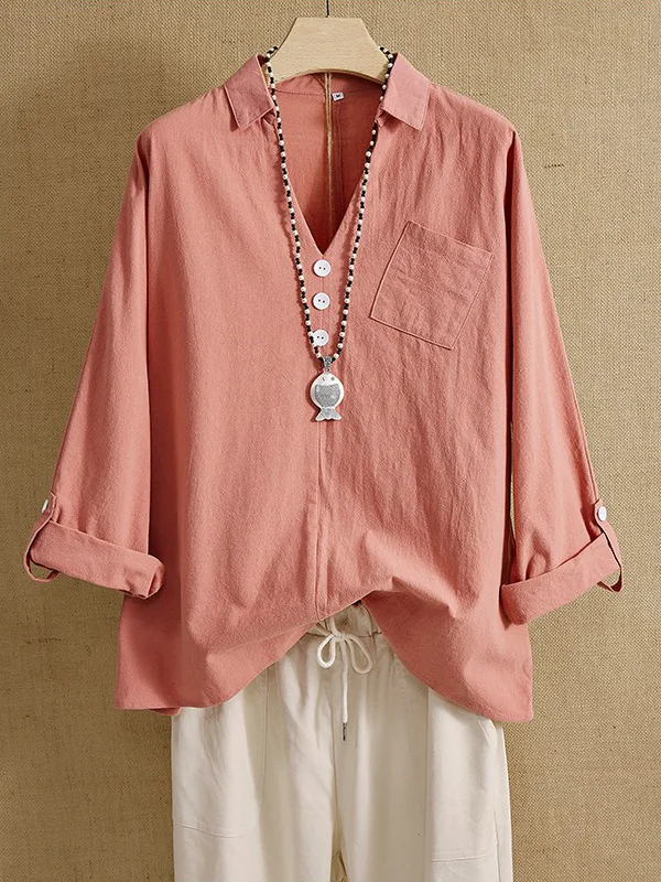 V-neck Plain Buttons Casual Long Sleeve Blouse