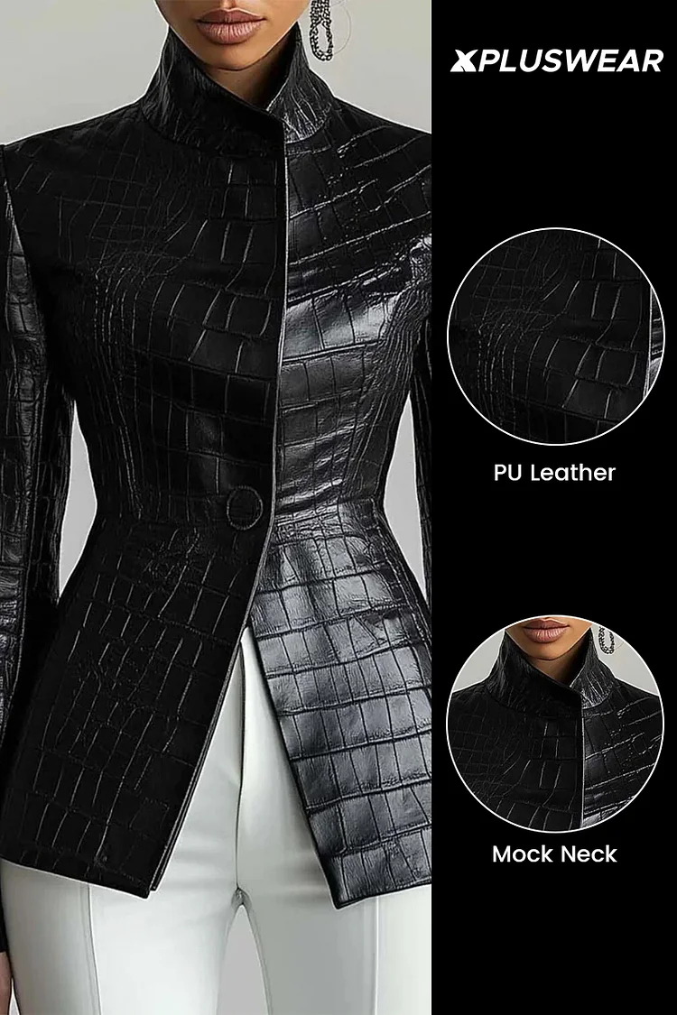 Plus Size Business Casual Black Crocodile Embossed Mock Neck Long Sleeve Casual PU Leather Jacket [Pre-Order]