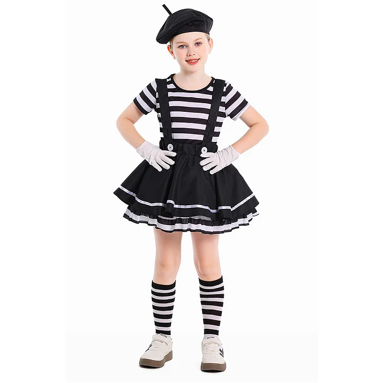 Kids Children Funny Mime Silent Clown Black White Skirt Set Cosplay Costume Halloween Carnival Suit