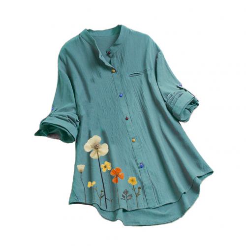 Women Casual Stand Collar Long Sleeve Floral Print Colorful Buttons Loose Shirt Casual Shirt Lapel Neck Blouse Work Shirt Tops