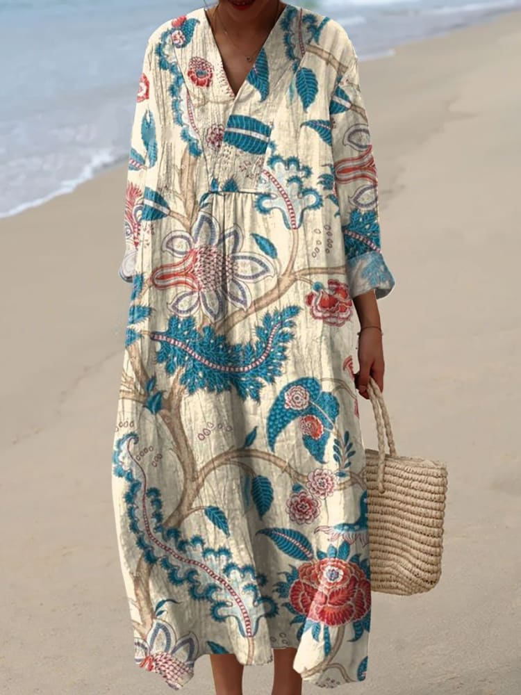 Womens Artistic  Flowers Pattern Print Casual Flowy Dress