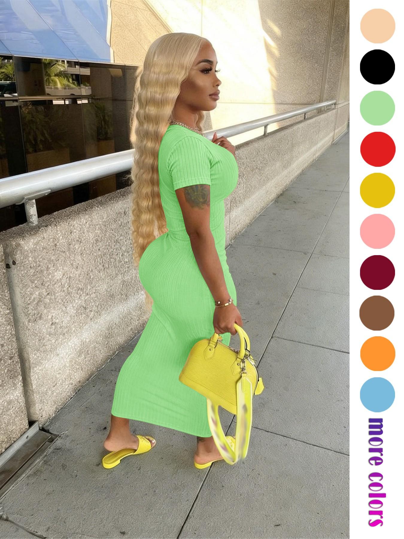 Threaded Elastic Solid Color Bodycon Dress, Breathable Elastic Party Outing Travel Pocket Long Dress, Summer Dress, Everyday Casual Wear, Womenswear