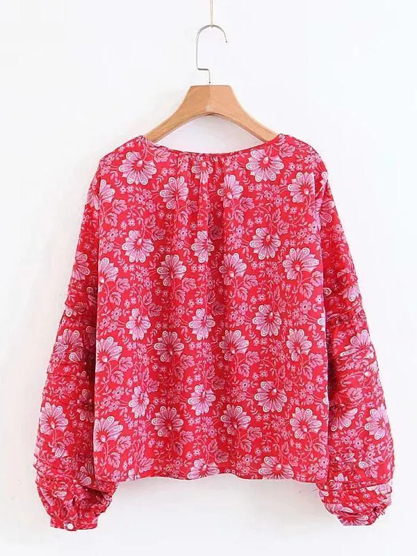 Boho Floral Long Sleeve V Neck Top Blouse