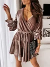 Velvet Solid Color Bandage  Puff Sleeve  Mini Dress