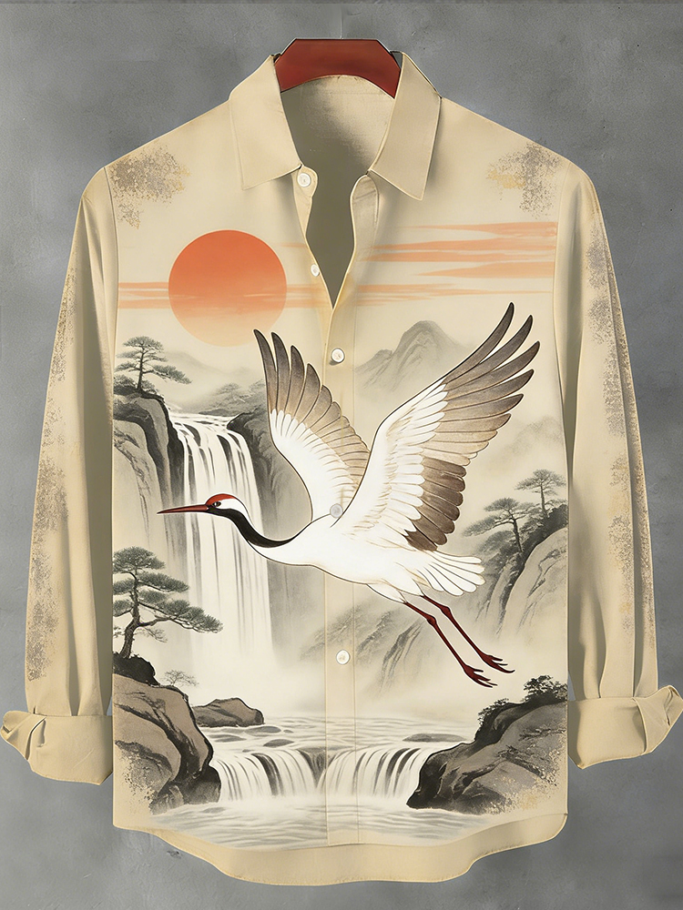 Men's Landscape Flying Crane Mandarin Collar Printed Long Sleeve Shirt  artssus