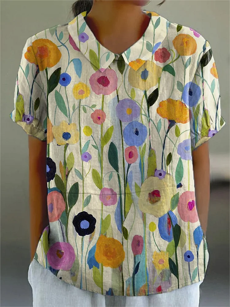 Oil Painting Spring Field Art Printed Women's Casual Cotton And Linen Shirt