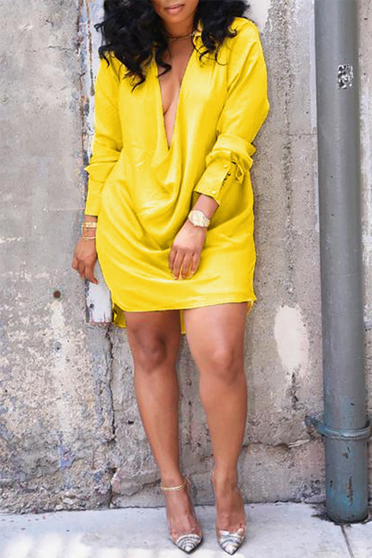 Cowl Neckline Long Sleeve Solid Color Asymmetrical Mini Shirt Dresses-Blue