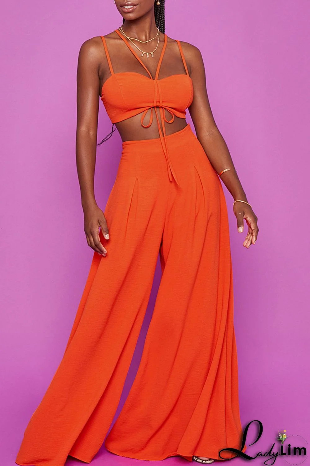Tangerine Red Elegant Solid Split Joint Spaghetti Strap Sleeveless Two Pieces