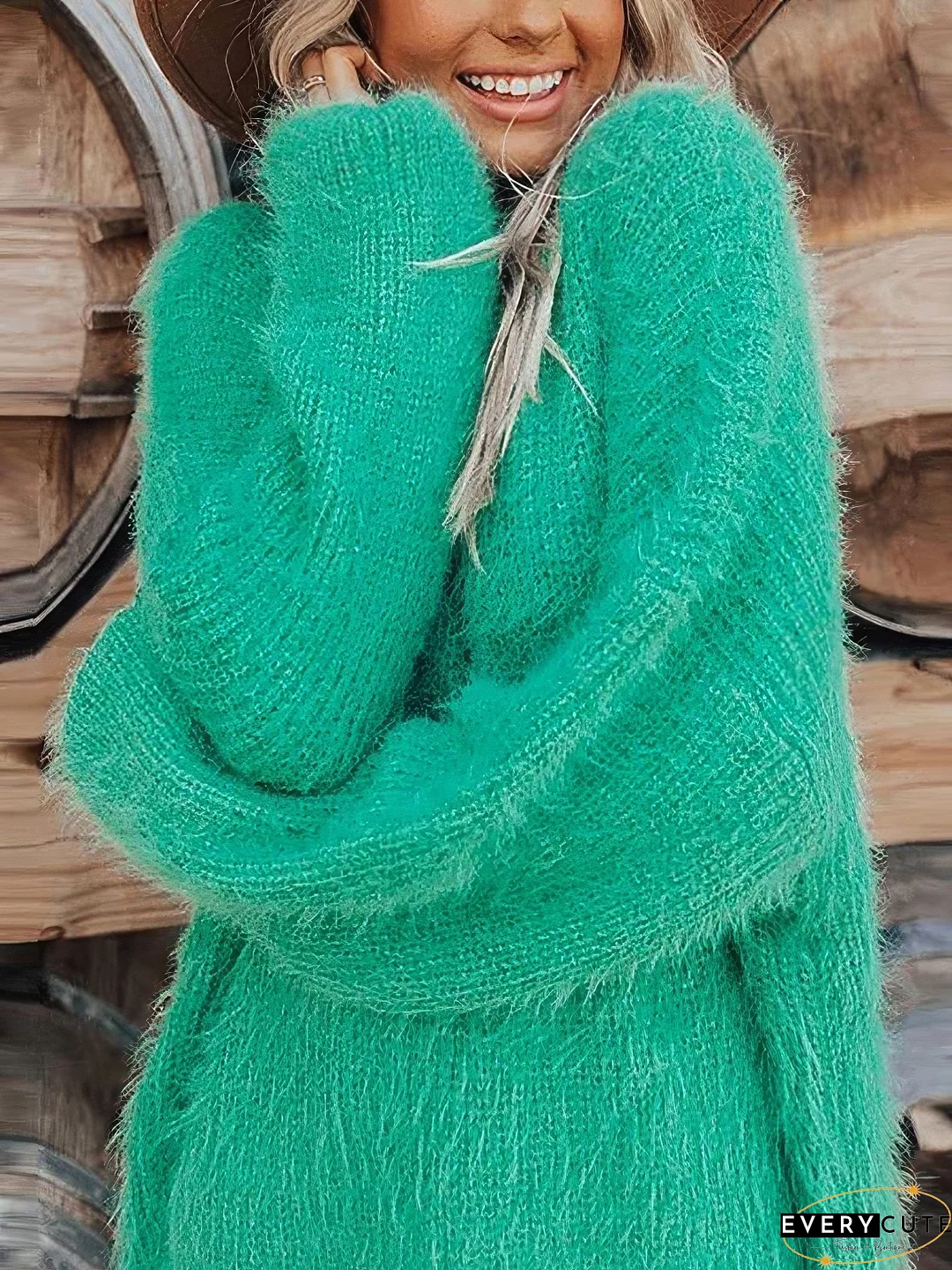 Feminine Waffle Knit Set with Heart Embroidered Sleeves