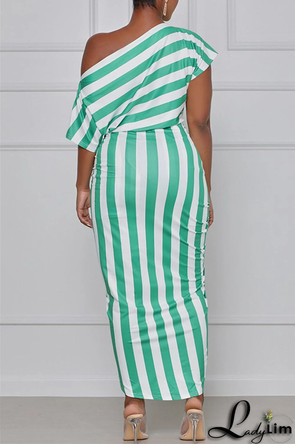 Black Fashion Casual Striped Print Asymmetrical Oblique Collar Short Sleeve Dress