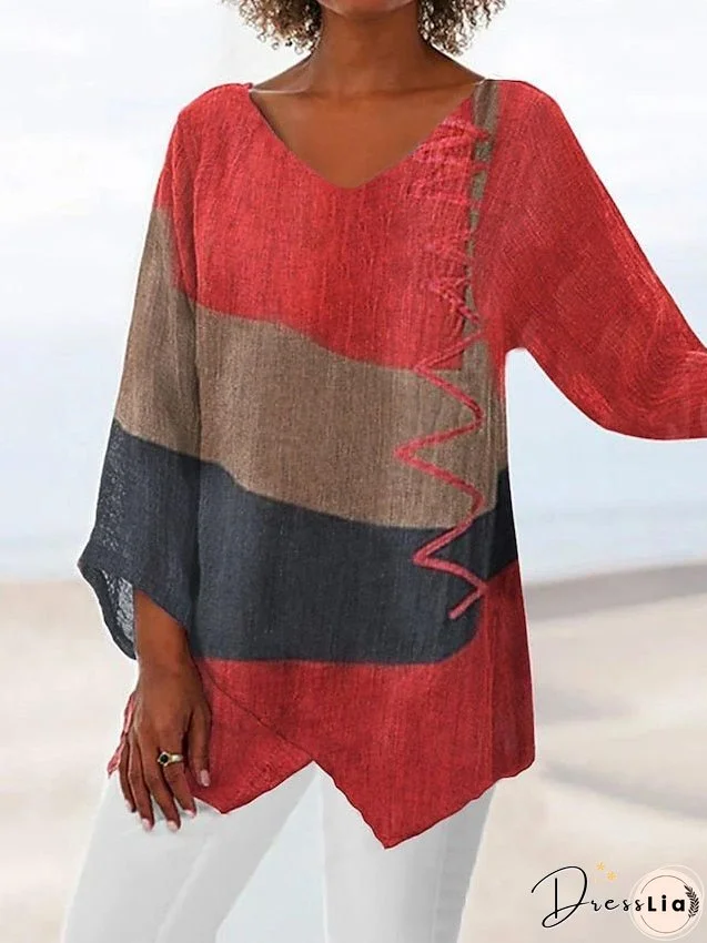 Shirt Blouse Pink Red Blue Color Block Asymmetric Print Long Sleeve Casual Basic V Neck Long S for Women