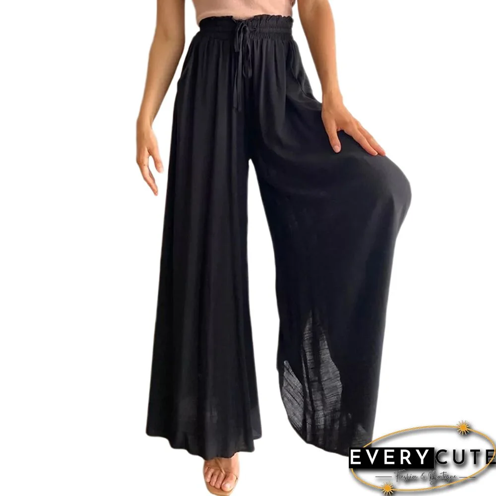 Black Elastic Waist High Waist Wide Leg Pants