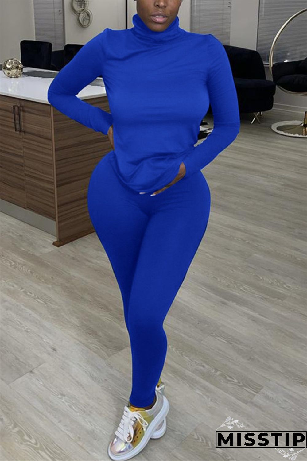 Tibetan Blue Casual Solid Basic Turtleneck Long Sleeve Two Pieces