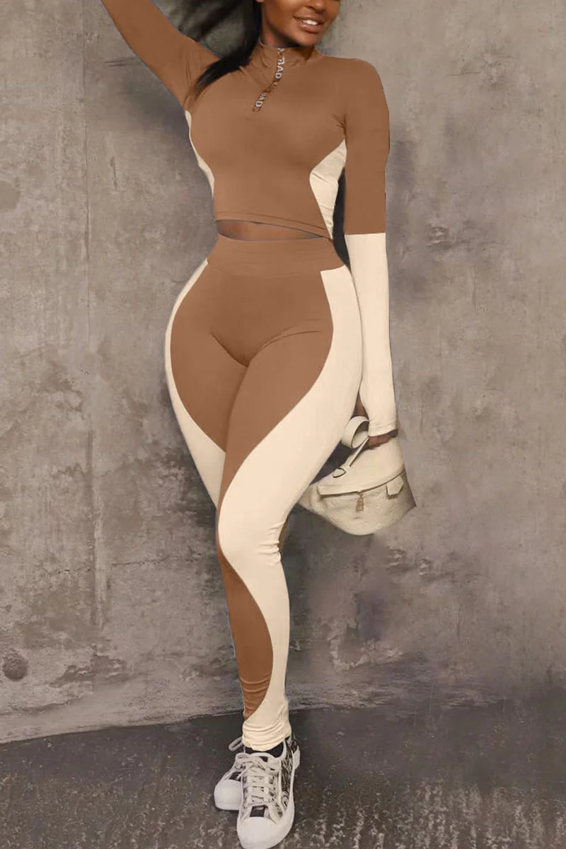 Coffee Sportswear Solid Long Sleeve Two Pieces