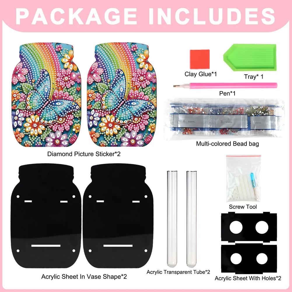 Butterfly Acrylic Double Sided Special Shape Diamond Painting Vase for Home