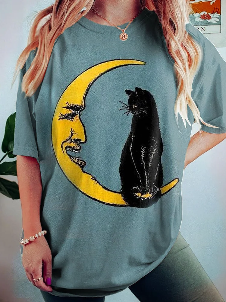 Women's Black Cat And Moon Art Print Crew Neck Causl Shirt