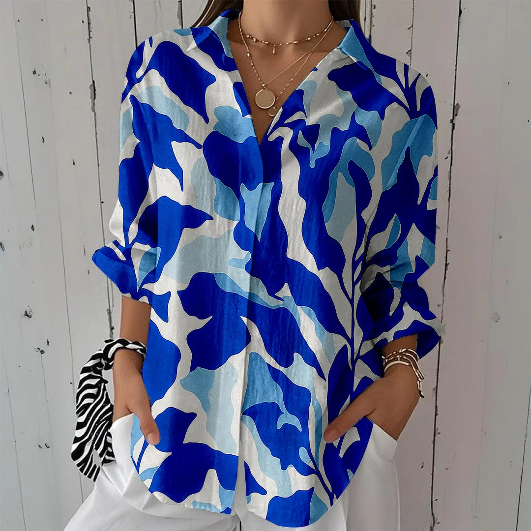 Style & Comfort for Mature Women Women Floral, Blue, Leaves DZCL0120 3/4 Sleeve Shirt Collar Printed Button Tops