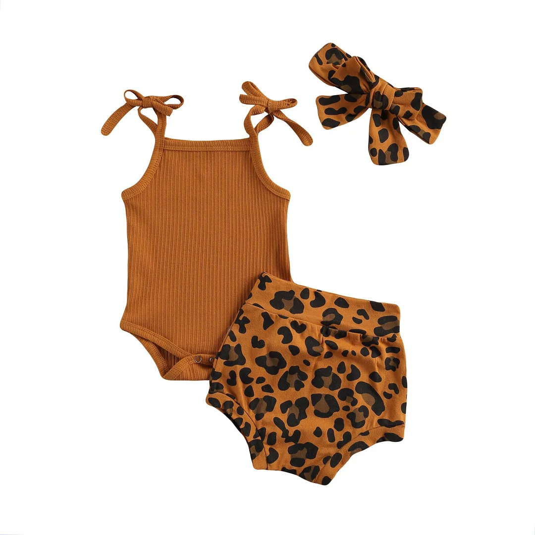 Infant Newborn Baby Girls 3 Pcs Outfits Suits, Sling Tank Tops Ribbed Romper Tops + Leopard Shorts + Headband Sets