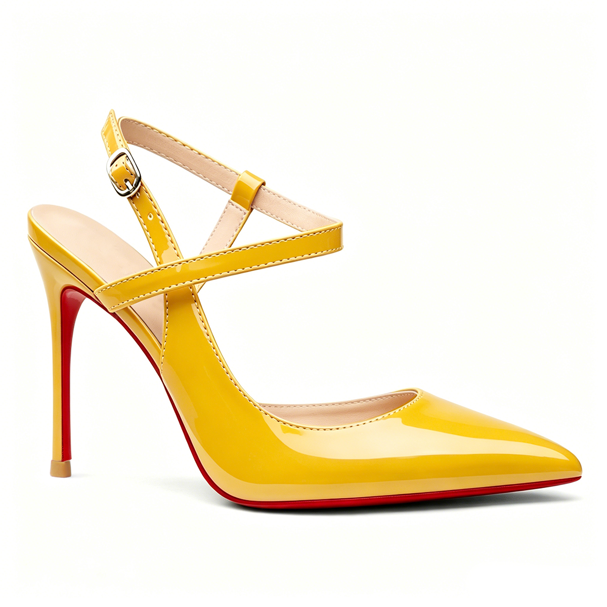 100mm Women Slingback Patent Pumps Ankle Strap Jenlove Stiletto Mid Heel Close Pointed Toe Dress Red Bottoms Shoes