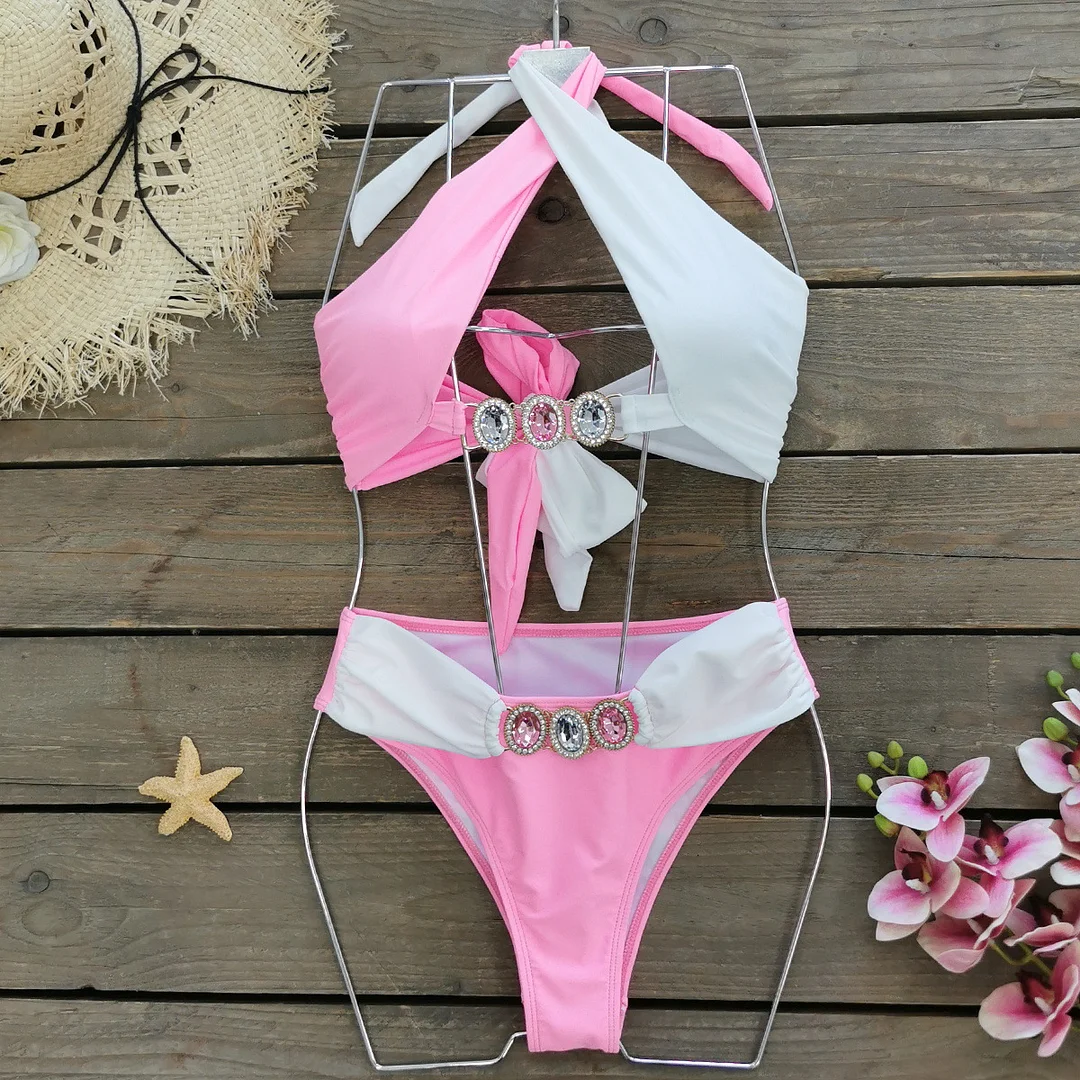 Uveng Solid Color Cross-Band Hollow Split Swimsuit Women 2025 New With Drill Bikini