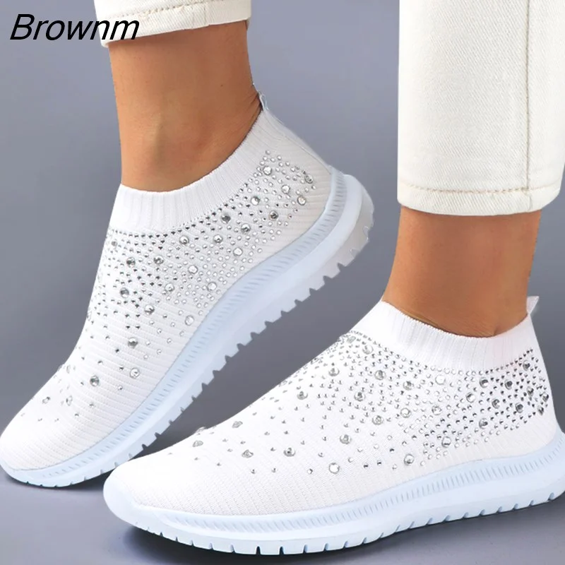 Brownm Women Sneakers Crystal Bling Sneakers Casual Slip On Sock Shoes Trainers Summer Women Vulcanize Shoe Zapatillas Mujer