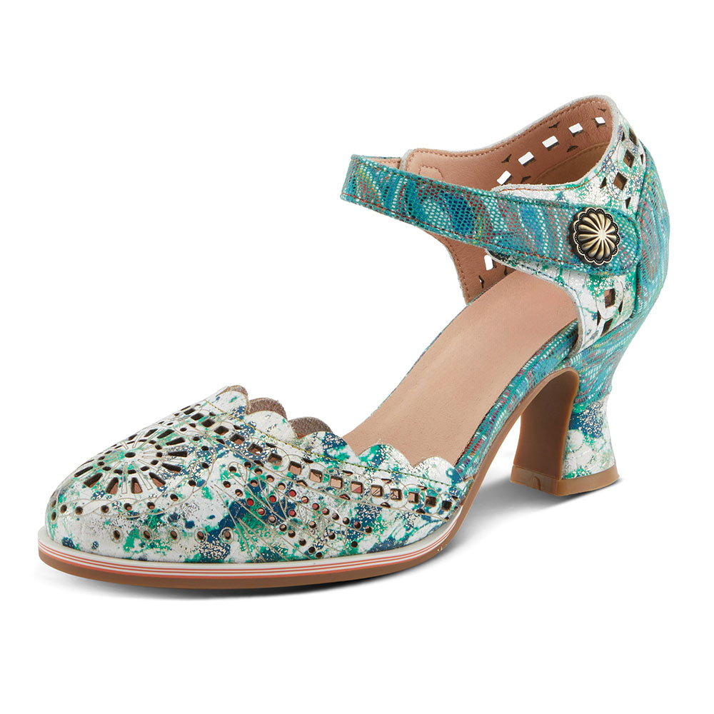 White & Green Floral Print Round Toe Vintage Ankle Strap Pumps Heels Nicepairs