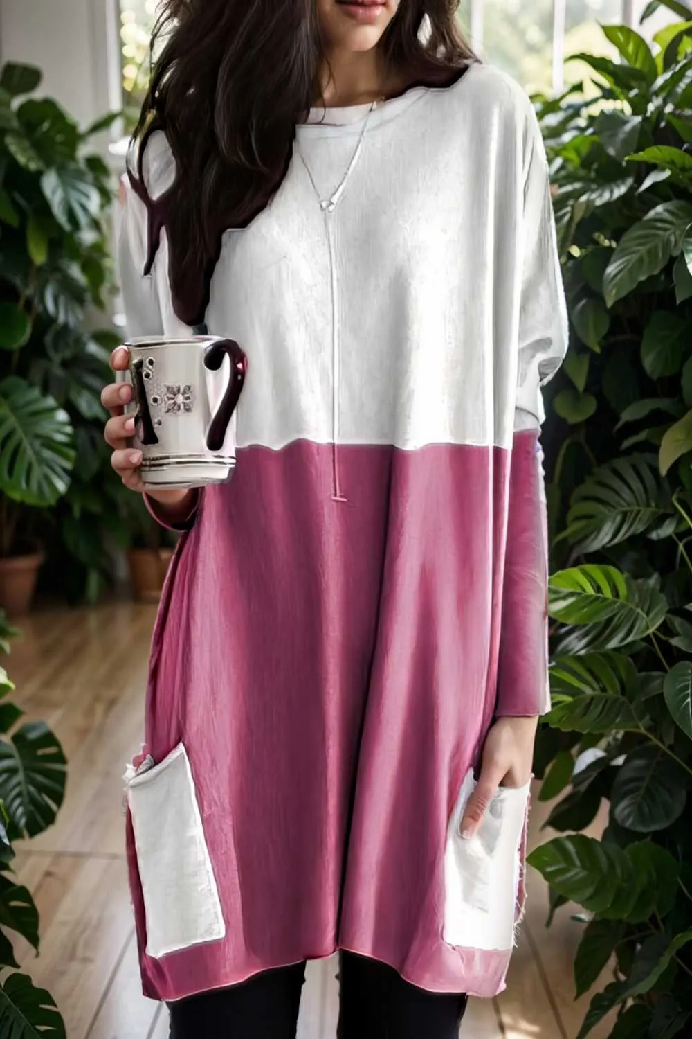 two color stitching pocket loose long sleeve t shirt