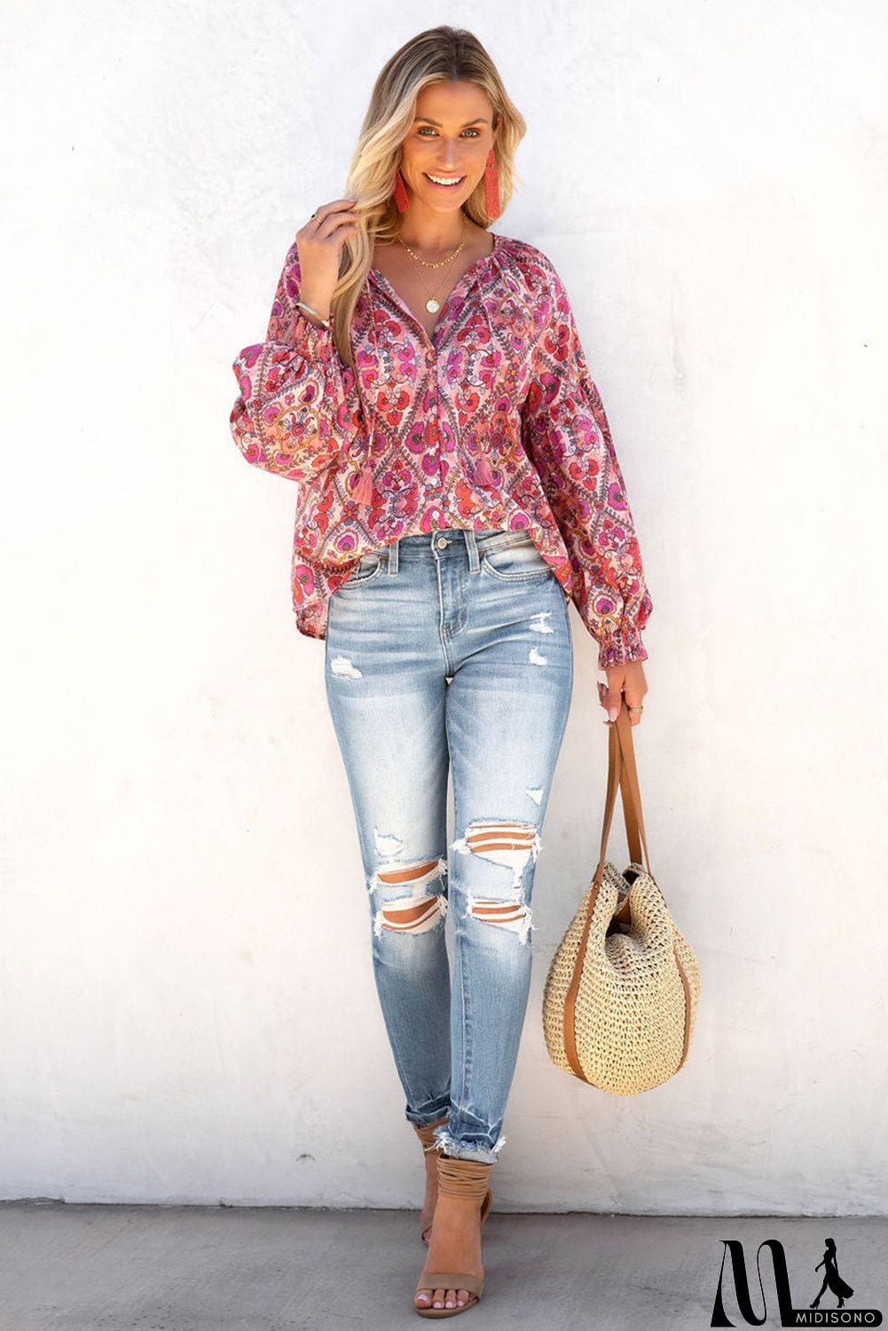 MidiSono - Rose Split Neckline Front Buttons Floral Print Blouse