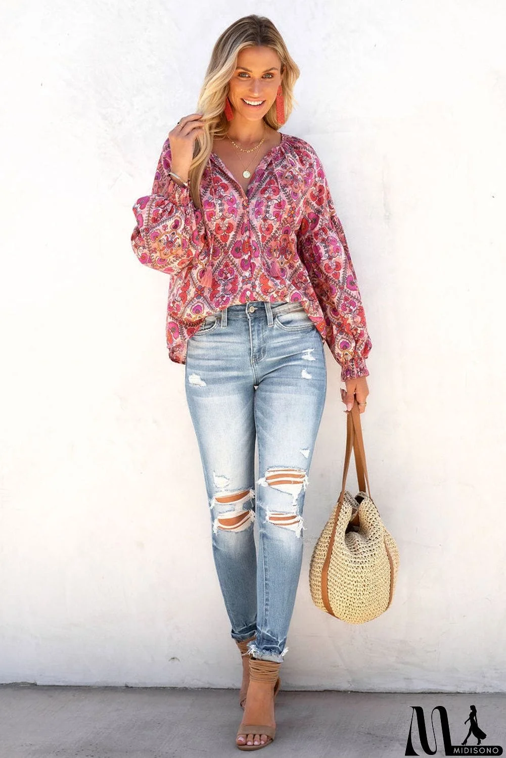 MidiSono - Rose Split Neckline Front Buttons Floral Print Blouse