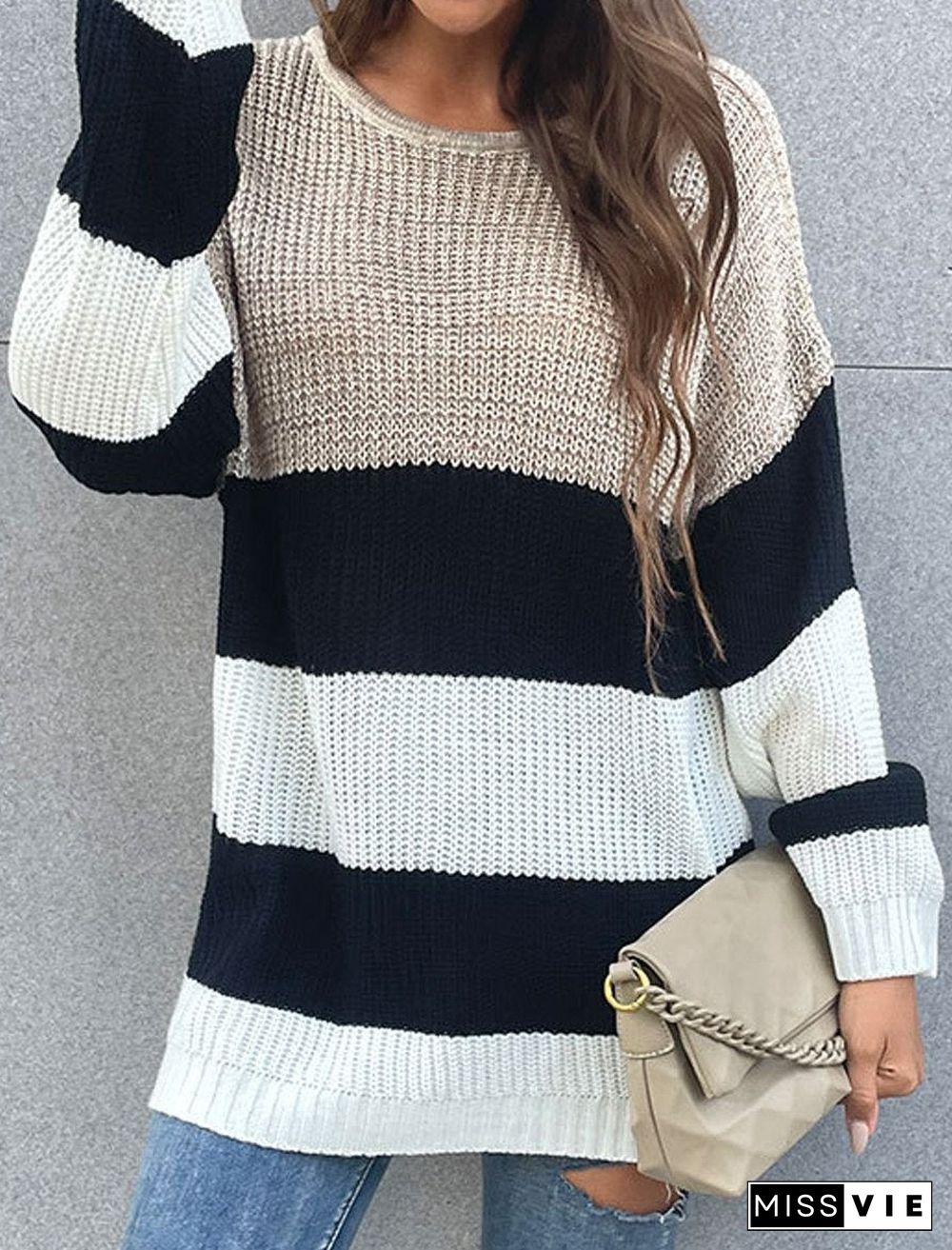 Casual Loose Color Matching Round Neck Long-Sleeved Sweater