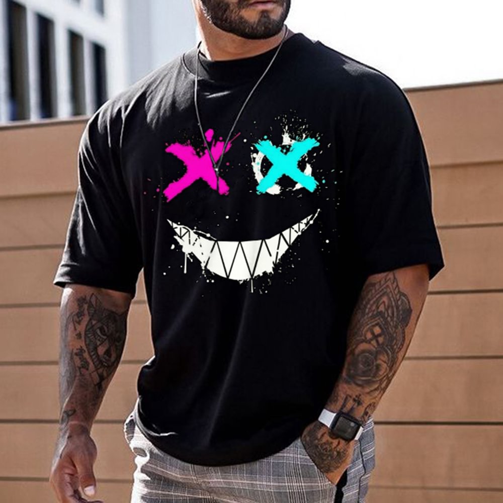 Men's Fashion Smiley Print Short Sleeve T-Shirt Casual Crew Neck Top