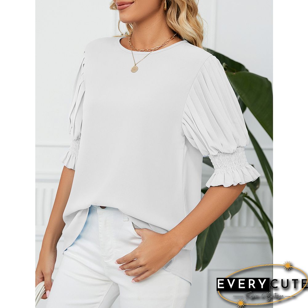 White Back Keyhole Ruffle 1/2 Sleeve Chiffon Blouse