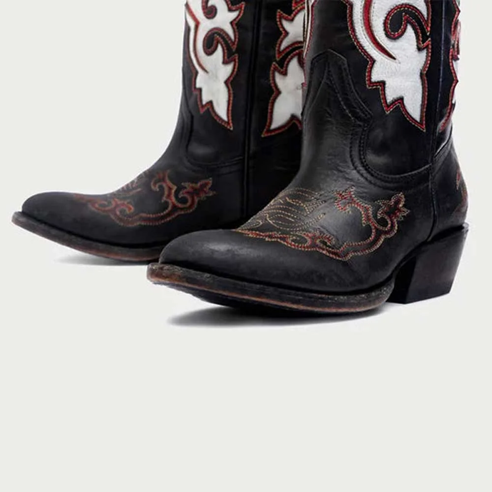  Patchwork Pattern Chunky Heel Round Toe Black Cowboy Boots for Women