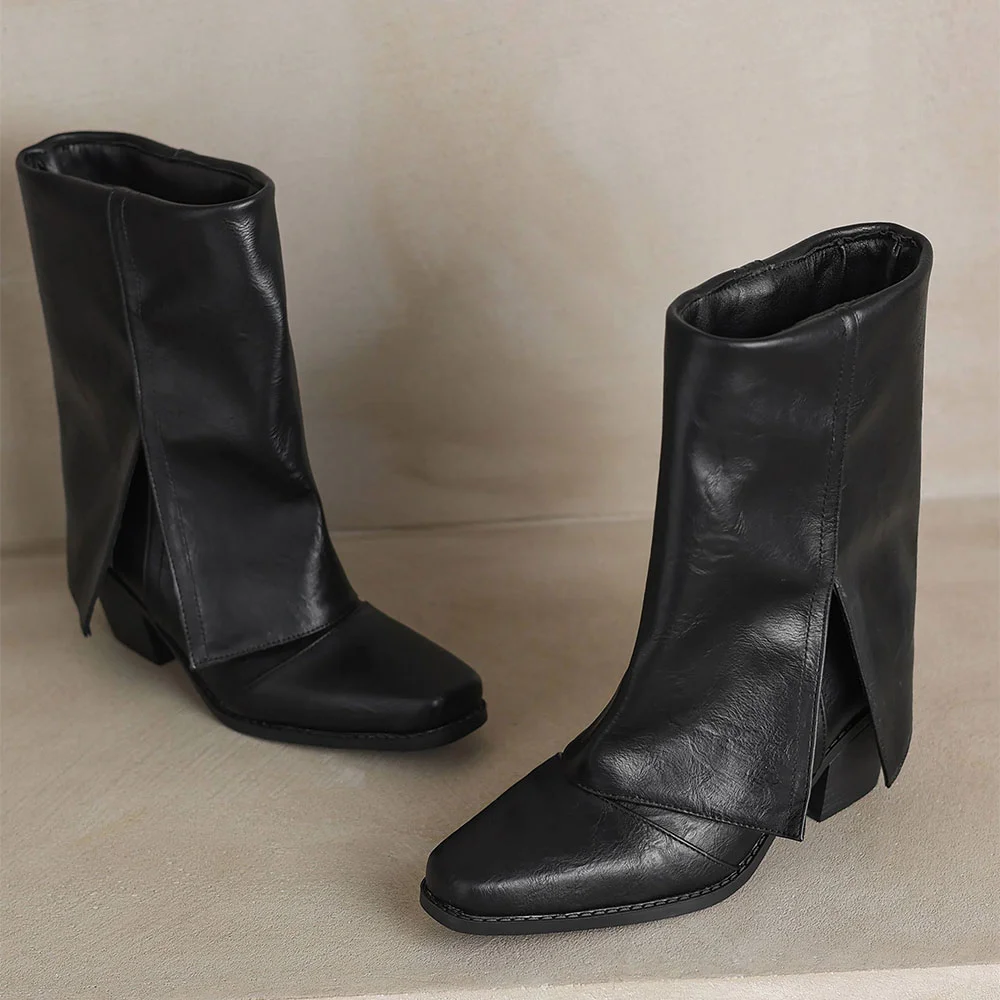 Block Heel Snip Toe Mid Calf Black Western Slip On Fold Over Boots