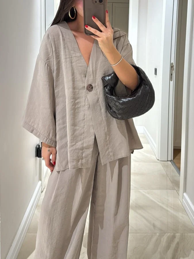 Women's Casual Solid Color Cotton and Linen Top and Pants Set