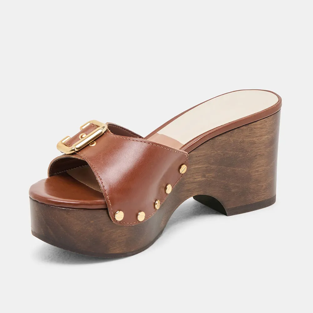 Brown Vegan Leather Open-Toe Buckle Decor Platform Mules with Studs