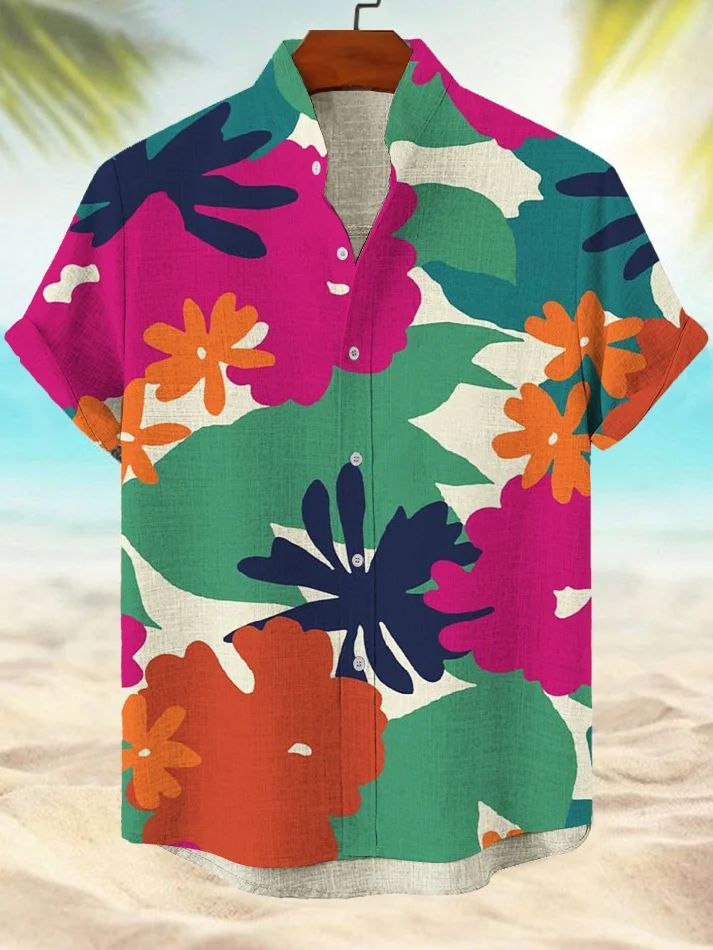 Men's Tropical Flowers Color Block Hawaii Vacation Art Print Casual Shirt
